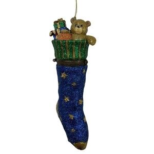 Glitter Teddy Bear Stocking Christmas Ornament Hinged Trinket Box Blue Stars